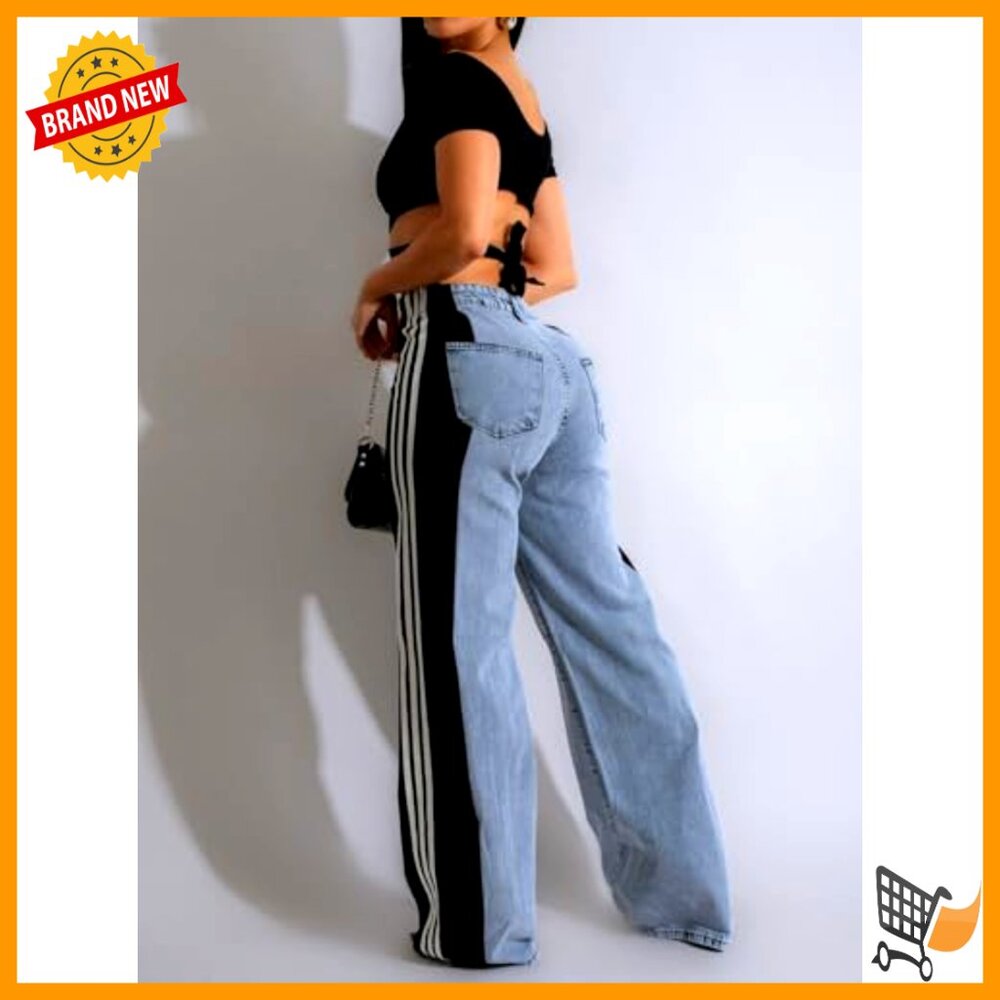 High Waisted Stretchy Denim Patchwork Stripes Str… - image 2